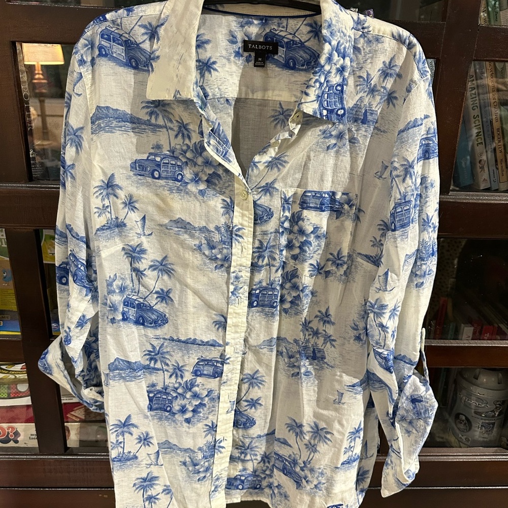 Talbots Women’s Blue and White Scenic Button Down Shirt